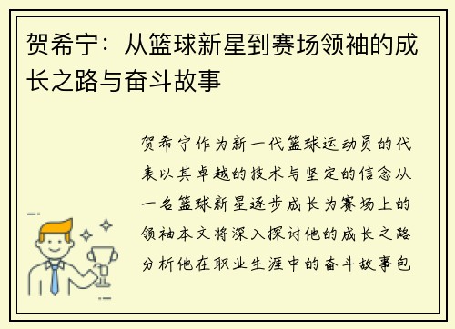 贺希宁：从篮球新星到赛场领袖的成长之路与奋斗故事